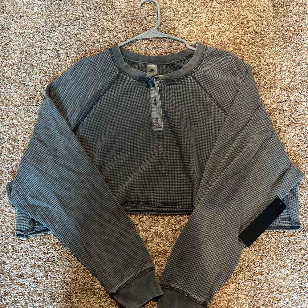 Mono B Charcoal Gray Waffle Knit Cropped Henley